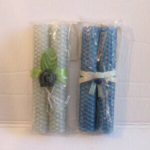 2 Pair, 6" Bees Wax Candles, Decorated, Blue w/ Blue, White w/ Silver, Decorated